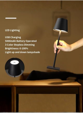 Cordless USB Rechargeable Table Lamp with 3 Colour Temperature, Touch Dimmable LED Metal Desk Lamp, Portable Bedside Light for Bedroom, Restaurant, Cafe & Outdoor Use - view 5